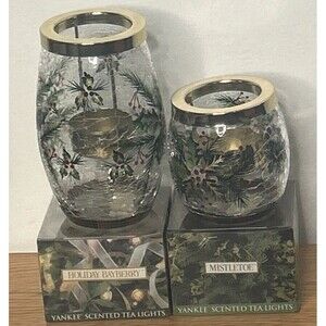 Yankee Candle Crackle Glass Tea Light Holder Set Of 2 With 24 Candles Bayberry
